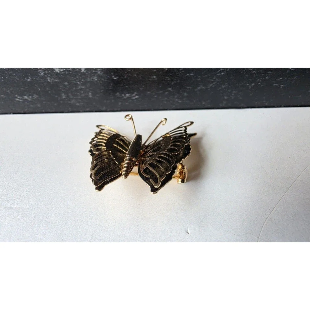 Black And Gold Tone Metal Butterfly Brooch Vintage Costume Jewelry